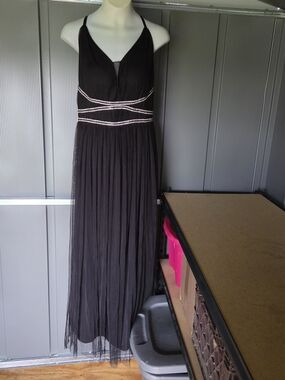 Black Beaded Waist Maxi Prom Dress